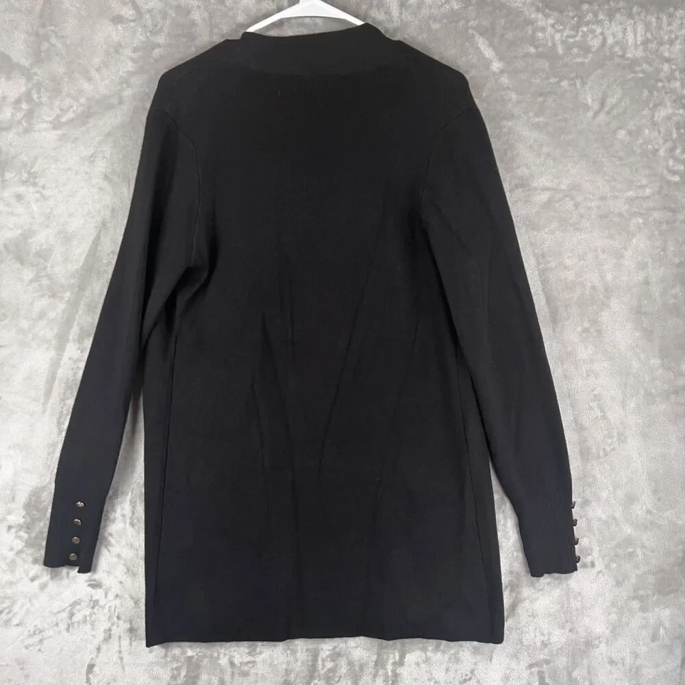 Cyrus Black Longline Open Front Cardigan Women’s M Gold Button Cuff Sweater